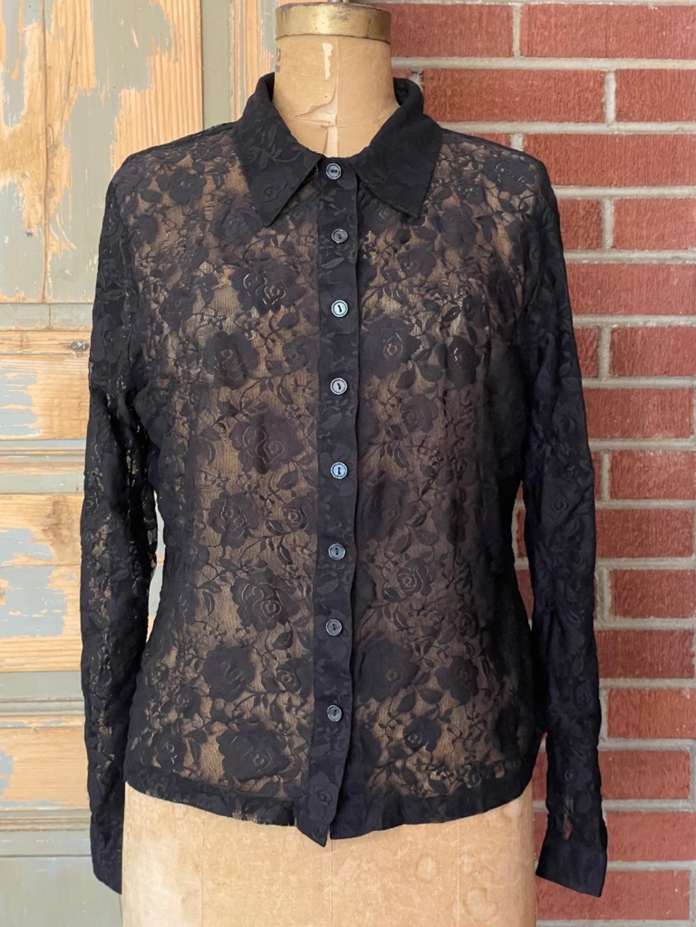 90s Black Sheer Button Up Lace Blouse - Long Sleeve Floral Blouse | Sml to Lrg